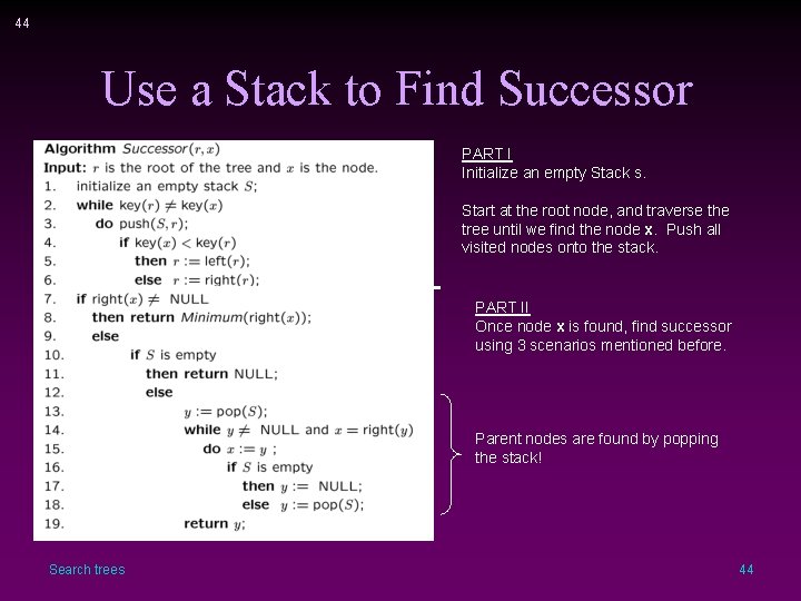 44 Use a Stack to Find Successor PART I Initialize an empty Stack s.