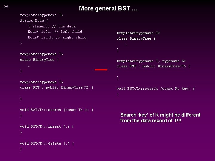 54 More general BST … template<typename T> Struct Node { T element; // the