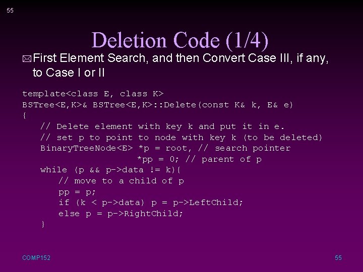 55 Deletion Code (1/4) * First Element Search, and then Convert Case III, if