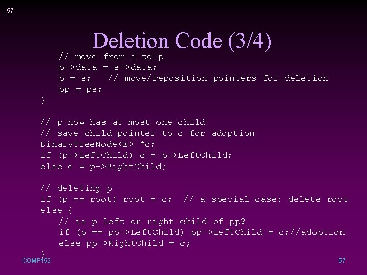 57 Deletion Code (3/4) // move from s to p p->data = s->data; p