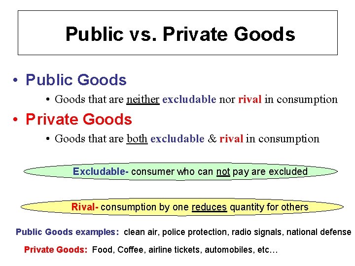 Public vs. Private Goods • Public Goods • Goods that are neither excludable nor