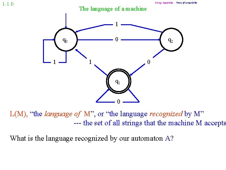 1. 1. b Giorgi Japaridze Theory of Computability The language of a machine 1