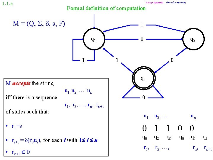 1. 1. e Giorgi Japaridze Formal definition of computation M = (Q, , ,