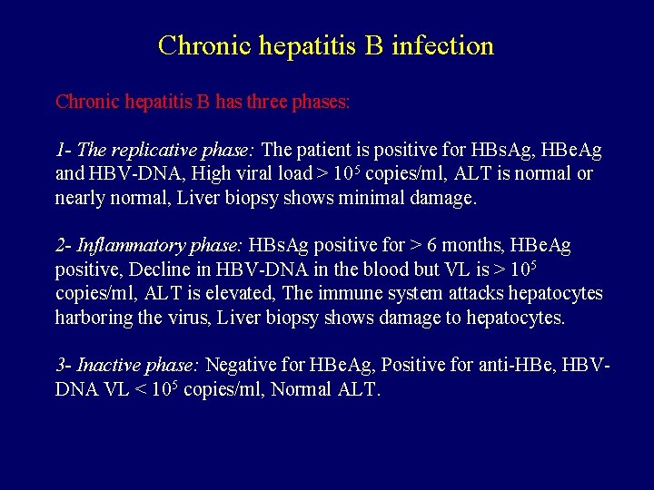 Chronic hepatitis B infection Chronic hepatitis B has three phases: 1 - The replicative