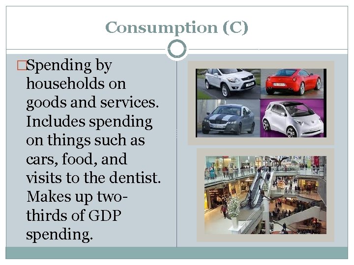 Consumption (C) �Spending by households on goods and services. Includes spending on things such