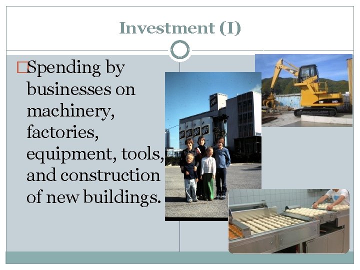 Investment (I) �Spending by businesses on machinery, factories, equipment, tools, and construction of new