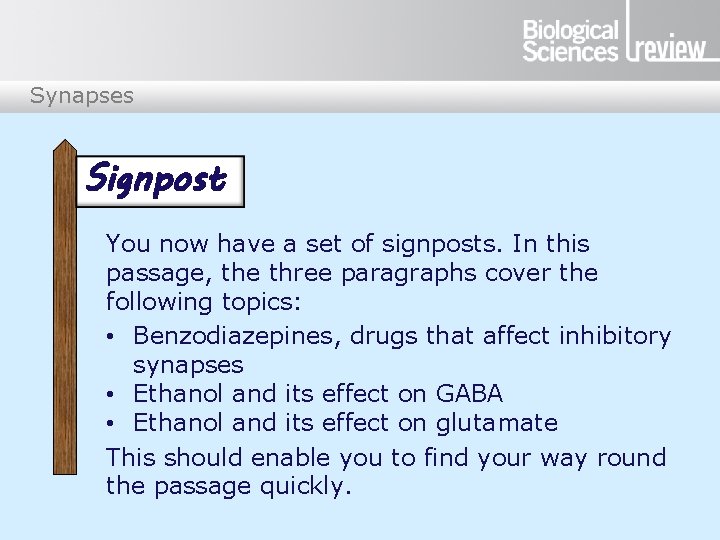 Synapses Signpost You now have a set of signposts. In this passage, the three