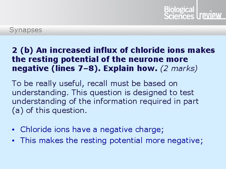 Synapses 2 (b) An increased influx of chloride ions makes the resting potential of