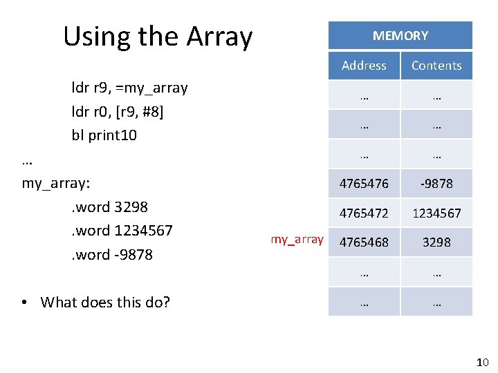 Using the Array MEMORY ldr r 9, =my_array ldr r 0, [r 9, #8]