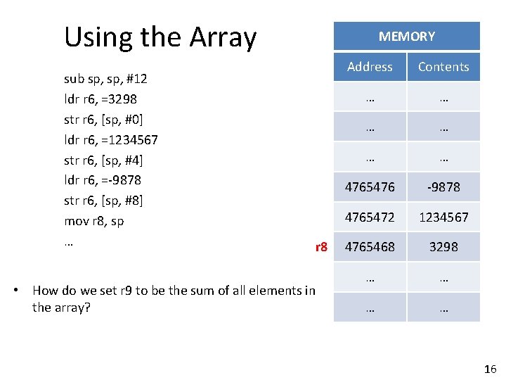 Using the Array sub sp, #12 ldr r 6, =3298 str r 6, [sp,