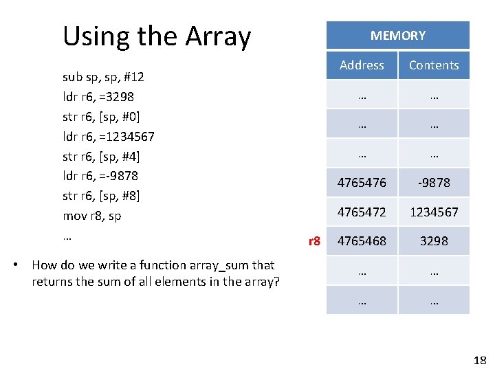 Using the Array sub sp, #12 ldr r 6, =3298 str r 6, [sp,