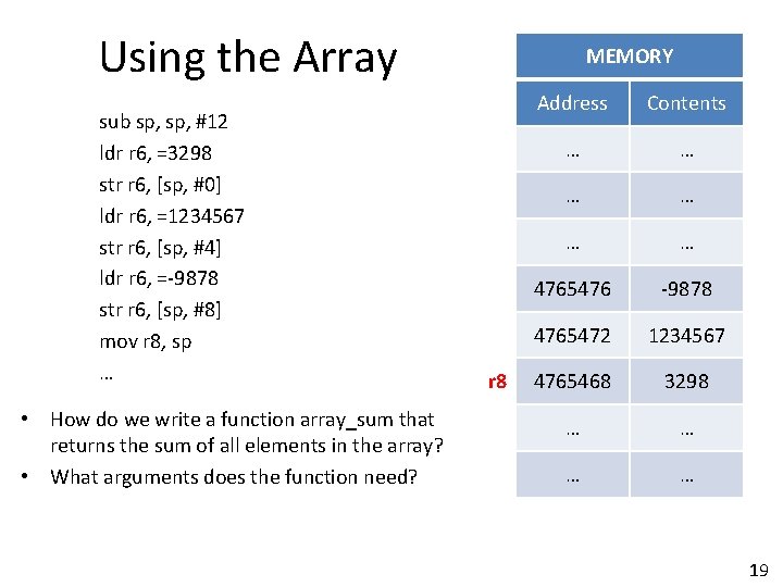 Using the Array sub sp, #12 ldr r 6, =3298 str r 6, [sp,