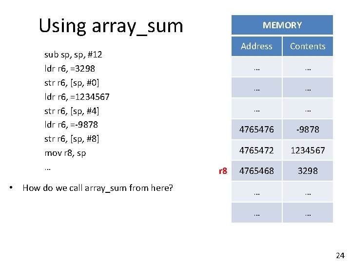 Using array_sum sub sp, #12 ldr r 6, =3298 str r 6, [sp, #0]