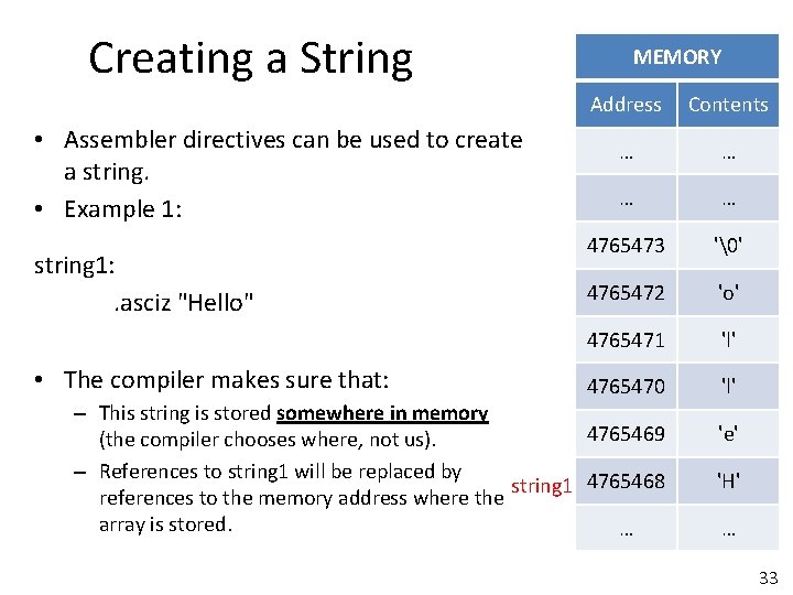 Creating a String • Assembler directives can be used to create a string. •