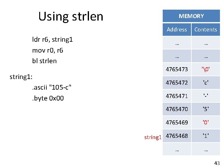 Using strlen ldr r 6, string 1 mov r 0, r 6 bl strlen