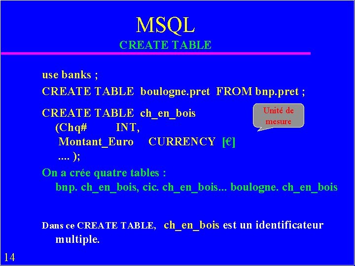 MSQL CREATE TABLE use banks ; CREATE TABLE boulogne. pret FROM bnp. pret ;