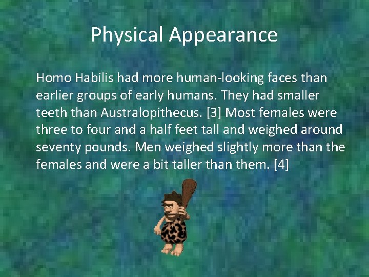 Physical Appearance Homo Habilis had more human-looking faces than earlier groups of early humans.