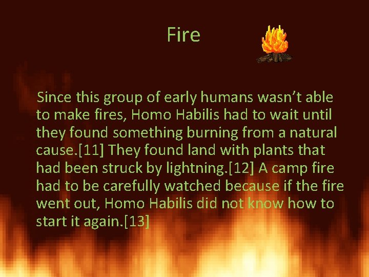Fire Since this group of early humans wasn’t able to make fires, Homo Habilis