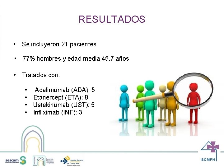 RESULTADOS • Se incluyeron 21 pacientes • 77% hombres y edad media 45. 7