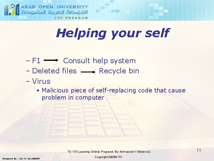 Helping your self – F 1 Consult help system – Deleted files Recycle bin