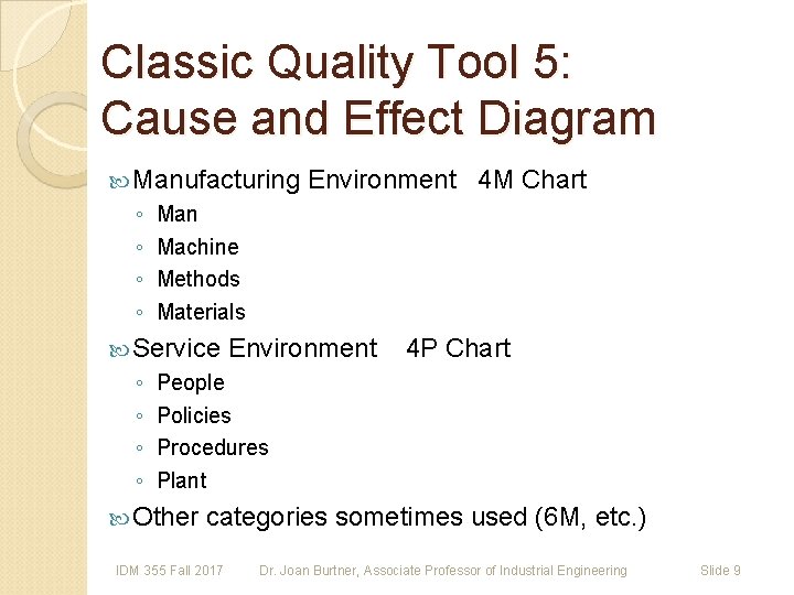 Classic Quality Tool 5: Cause and Effect Diagram Manufacturing Environment 4 M Chart ◦