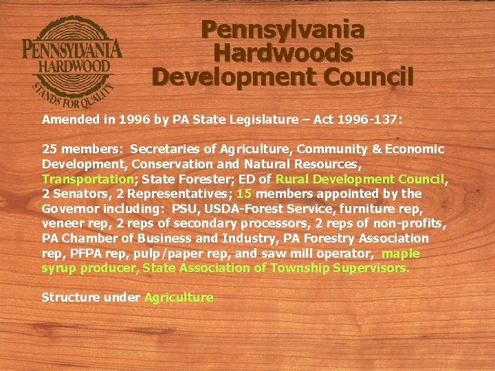 Pennsylvania Hardwoods Development Council Amended in 1996 by PA State Legislature – Act 1996