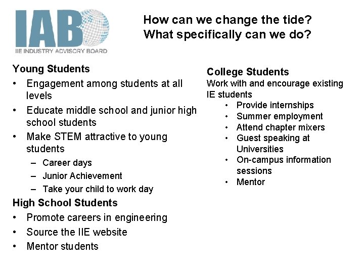 How can we change the tide? What specifically can we do? Young Students College