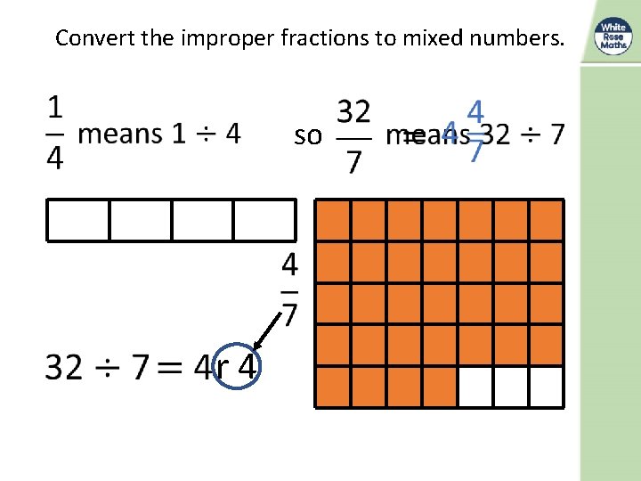 Convert the improper fractions to mixed numbers. r 4 so 