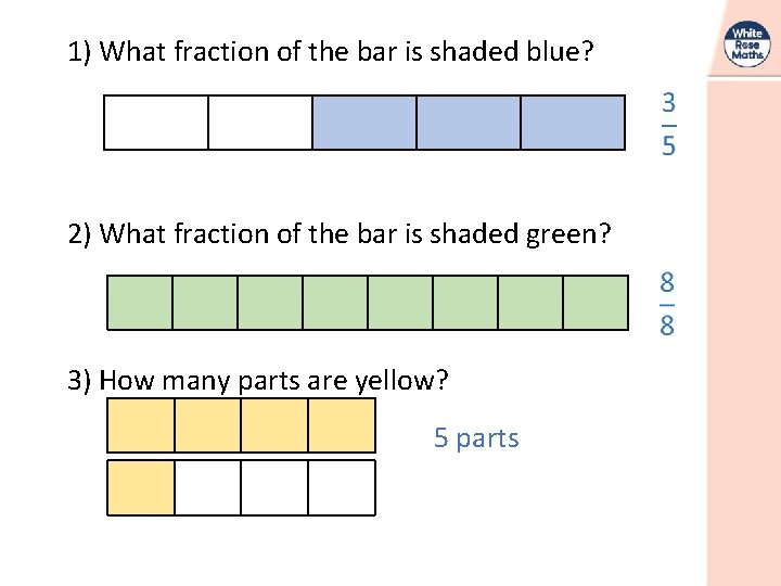 1) What fraction of the bar is shaded blue? 2) What fraction of the