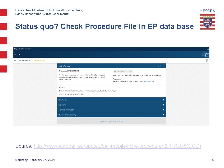 Hessisches Ministerium für Umwelt, Klimaschutz, Landwirtschaft und Verbraucherschutz Status quo? Check Procedure File in