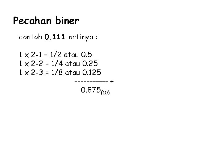 Pecahan biner contoh 0. 111 artinya : 1 x 2 -1 = 1/2 atau