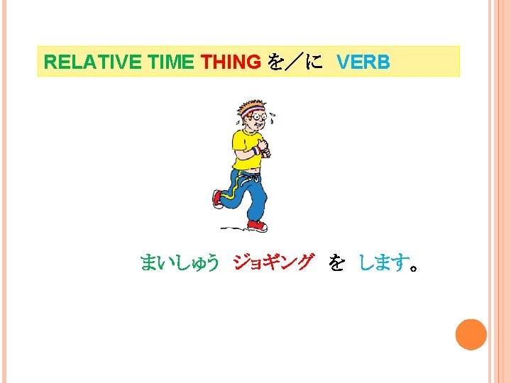 RELATIVE TIME THING を／に　VERB まいしゅう　ジョギング　を　します。 I go jogging every week. 