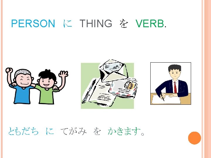 PERSON　に　THING　を　VERB. ともだち　に　てがみ　を　かきます。 TOMODACHI NI TEGAMI O KAKIMASU. 