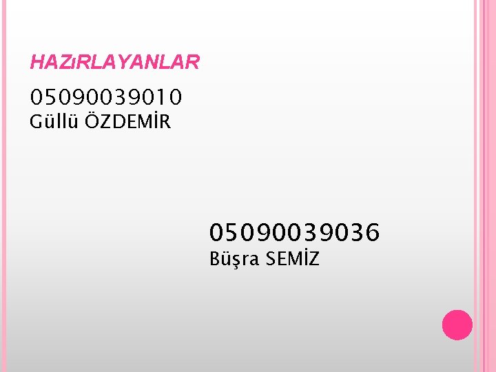 HAZıRLAYANLAR 05090039010 Güllü ÖZDEMİR 05090039036 Büşra SEMİZ 