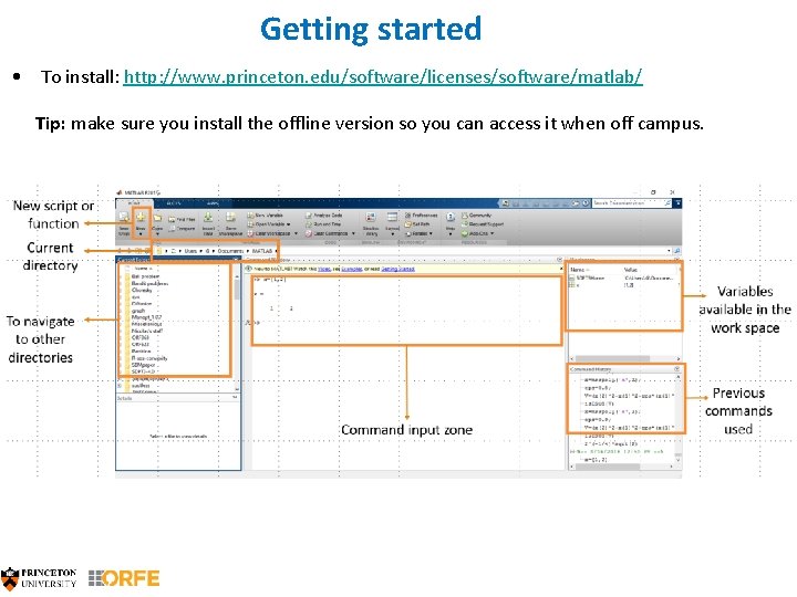 Getting started • To install: http: //www. princeton. edu/software/licenses/software/matlab/ Tip: make sure you install