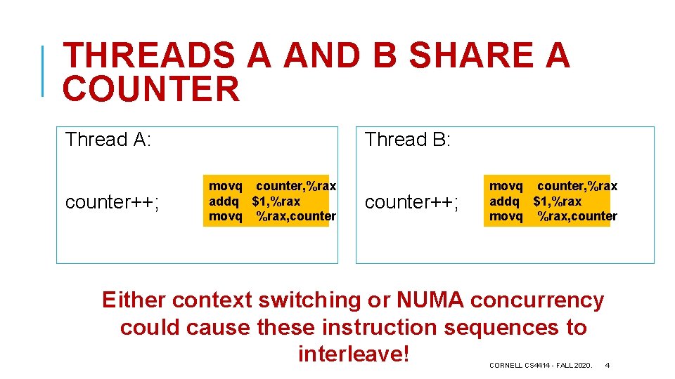 THREADS A AND B SHARE A COUNTER Thread A: counter++; Thread B: movq counter,