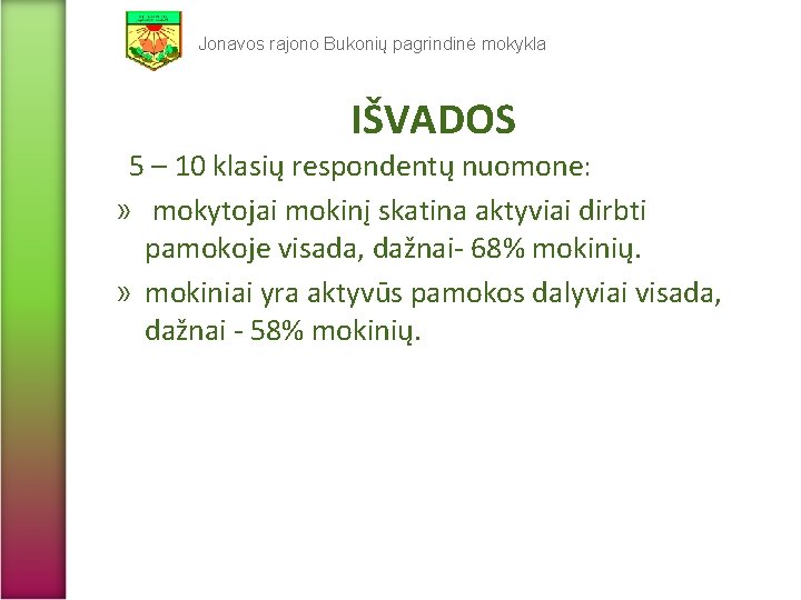 Jonavos rajono Bukonių pagrindinė mokykla IŠVADOS 5 – 10 klasių respondentų nuomone: » mokytojai