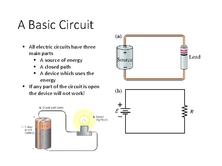 A Basic Circuit § All electric circuits have three main parts § A source