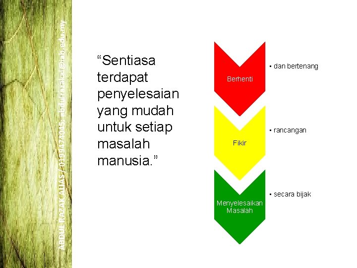 ABDUL RAZAK ALIAS / 0199474045; abdulrazakal@iab. edu. my “Sentiasa terdapat penyelesaian yang mudah untuk ABDUL RAZAK ALIAS / 0199474045; abdulrazakal@iab. edu. my “Sentiasa terdapat penyelesaian yang mudah untuk