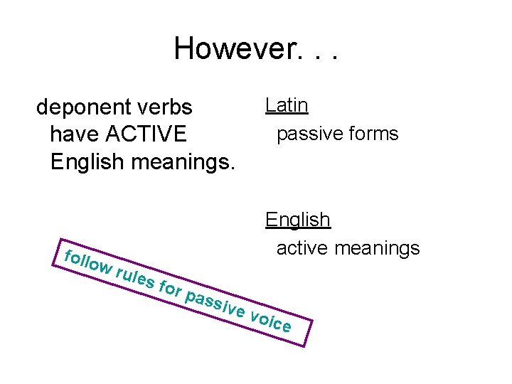 However. . . deponent verbs have ACTIVE English meanings. follo w ru Latin passive