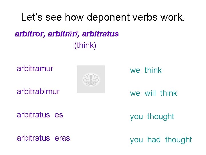 Let’s see how deponent verbs work. arbitror, arbitrārī, arbitratus (think) arbitramur we think arbitrabimur