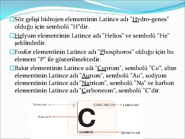 �Söz gelişi hidrojen elementinin Latince adı "Hydro-genes" olduğu için sembolü "H“dir. �Helyum elementinin Latince