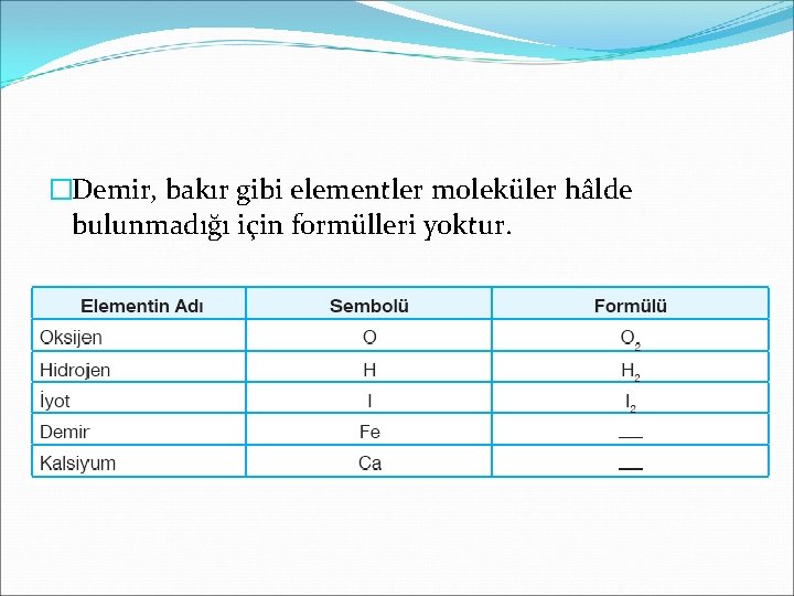 �Demir, bakır gibi elementler moleküler hâlde bulunmadığı için formülleri yoktur. 