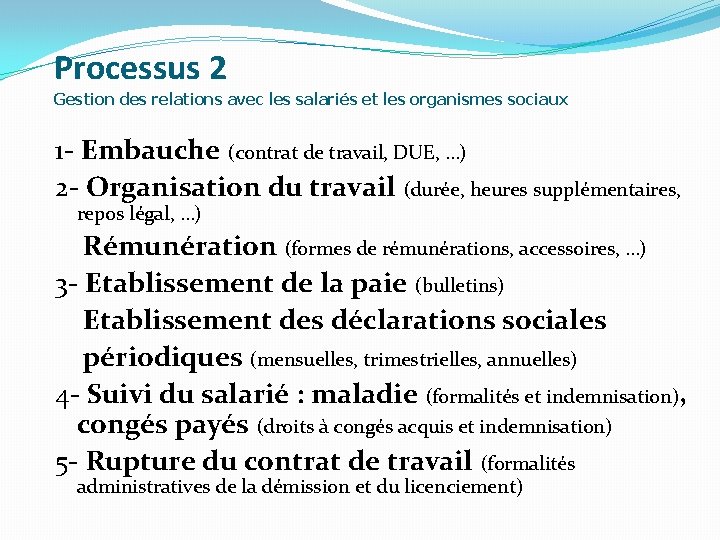 Processus 2 Gestion des relations avec les salariés et les organismes sociaux 1 -