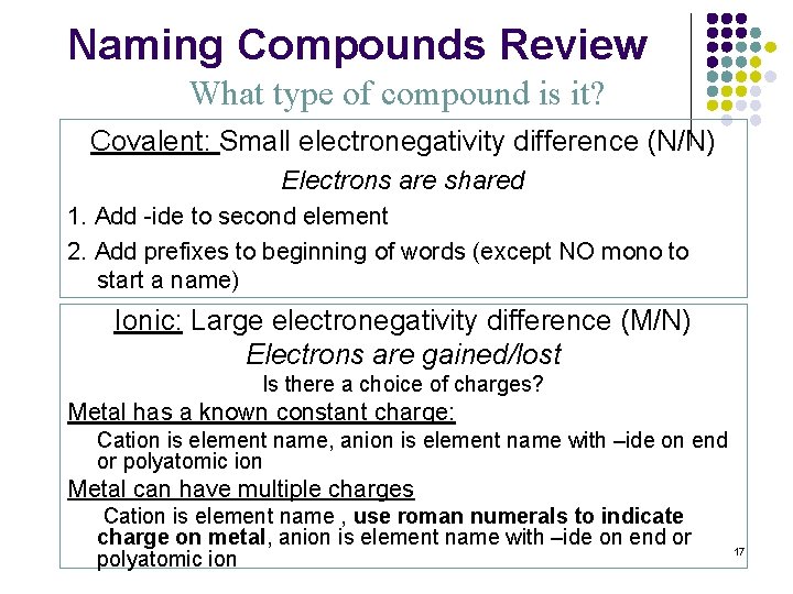 Naming Compounds Review What type of compound is it? Covalent: Small electronegativity difference (N/N)