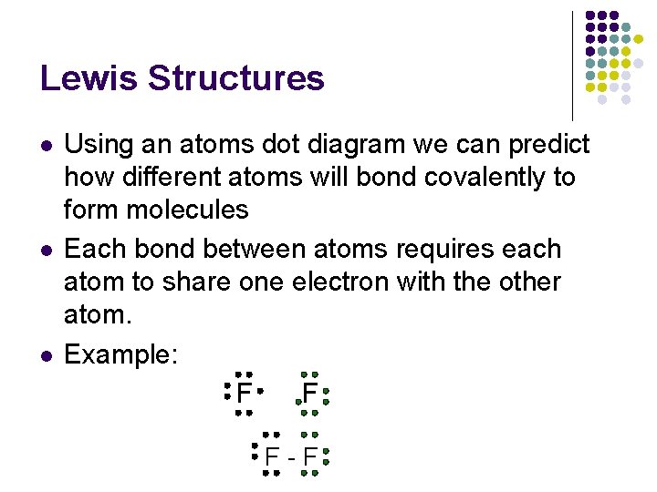 Lewis Structures l l l Using an atoms dot diagram we can predict how