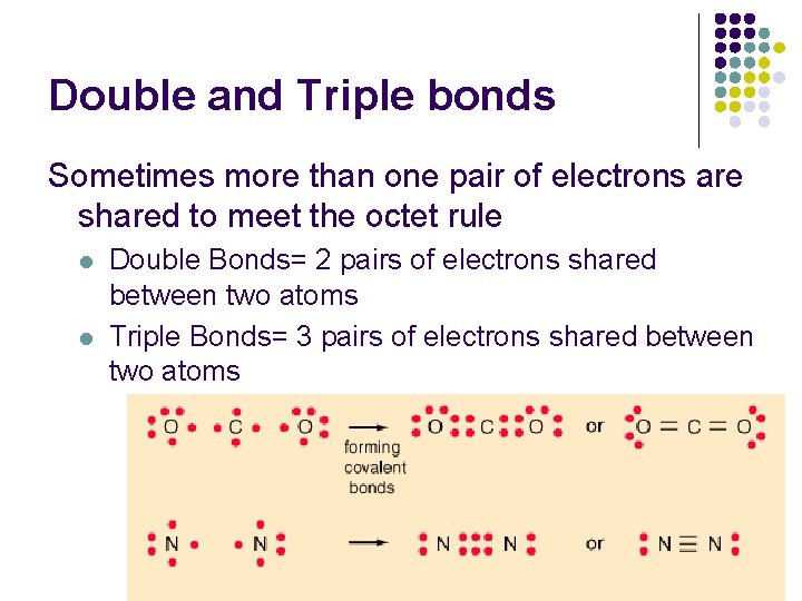 Double and Triple bonds Sometimes more than one pair of electrons are shared to