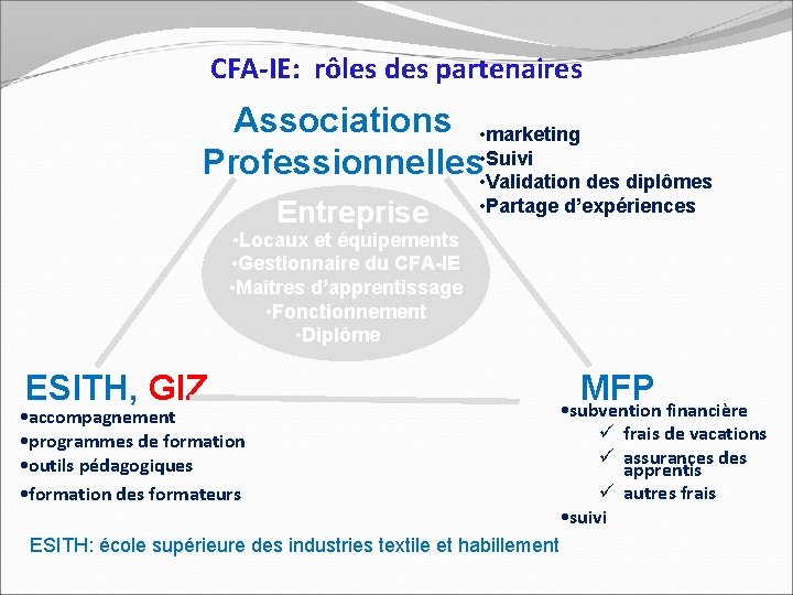 CFA-IE: rôles des partenaires Associations • marketing Professionnelles • • Suivi Validation des diplômes