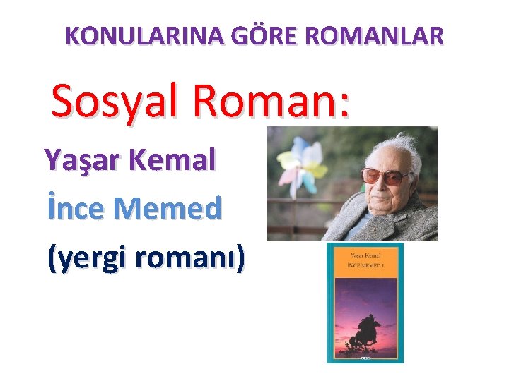 KONULARINA GÖRE ROMANLAR Sosyal Roman: Yaşar Kemal İnce Memed (yergi romanı) 