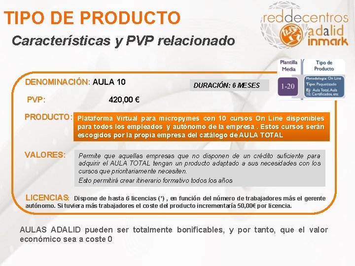 TIPO DE PRODUCTO Características y PVP relacionado DENOMINACIÓN: DENOMINACIÓN AULA 10 PVP: PVP DURACIÓN: